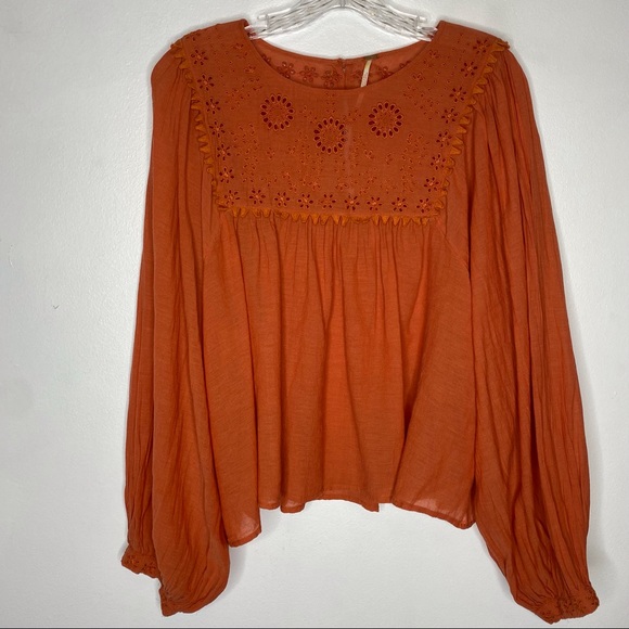 Free People Tops - Free People Copper Color Balloon Sleeve Blouse Yoke Neckline Size Large